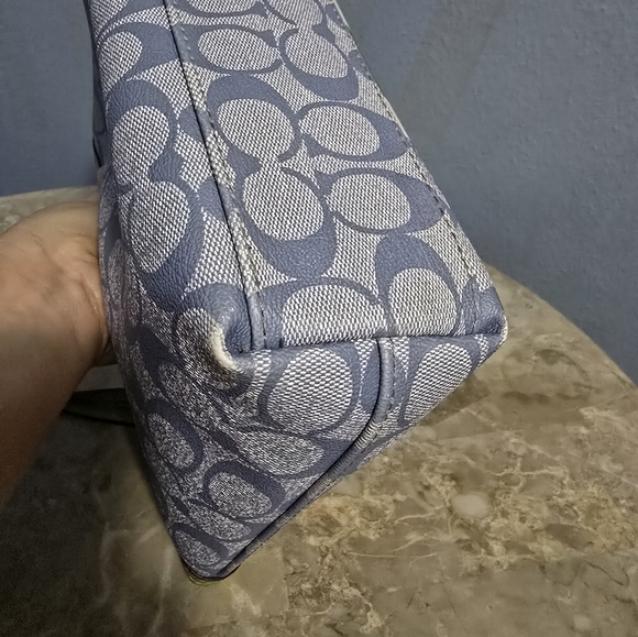 Coach Signature C Blue w/ Green & White Stripe Coated Canvas Small Satchel - Picture 4 of 11